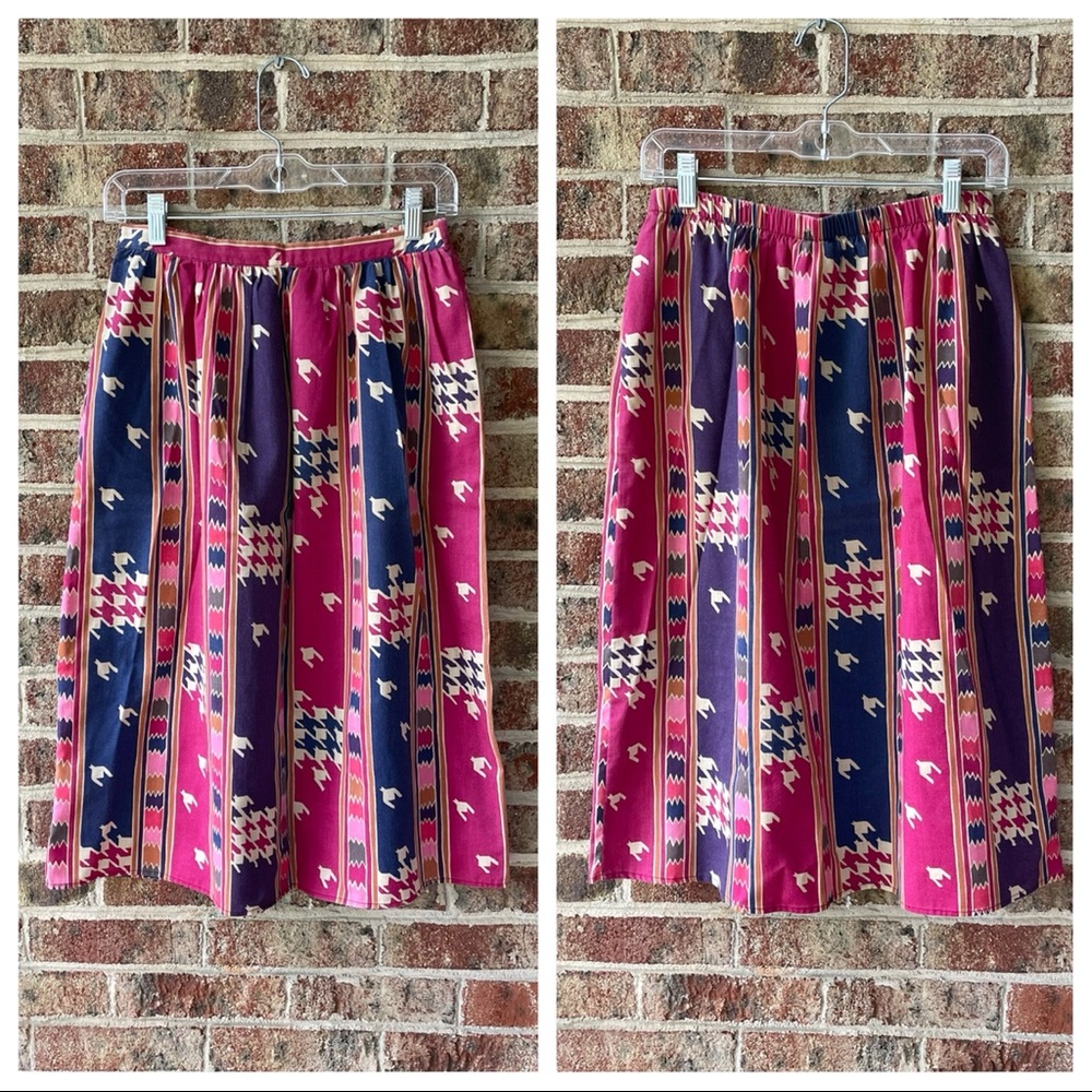 Geometric print vintage skirt - Midi cotton - sm/med, indigo, plum, fuchsia